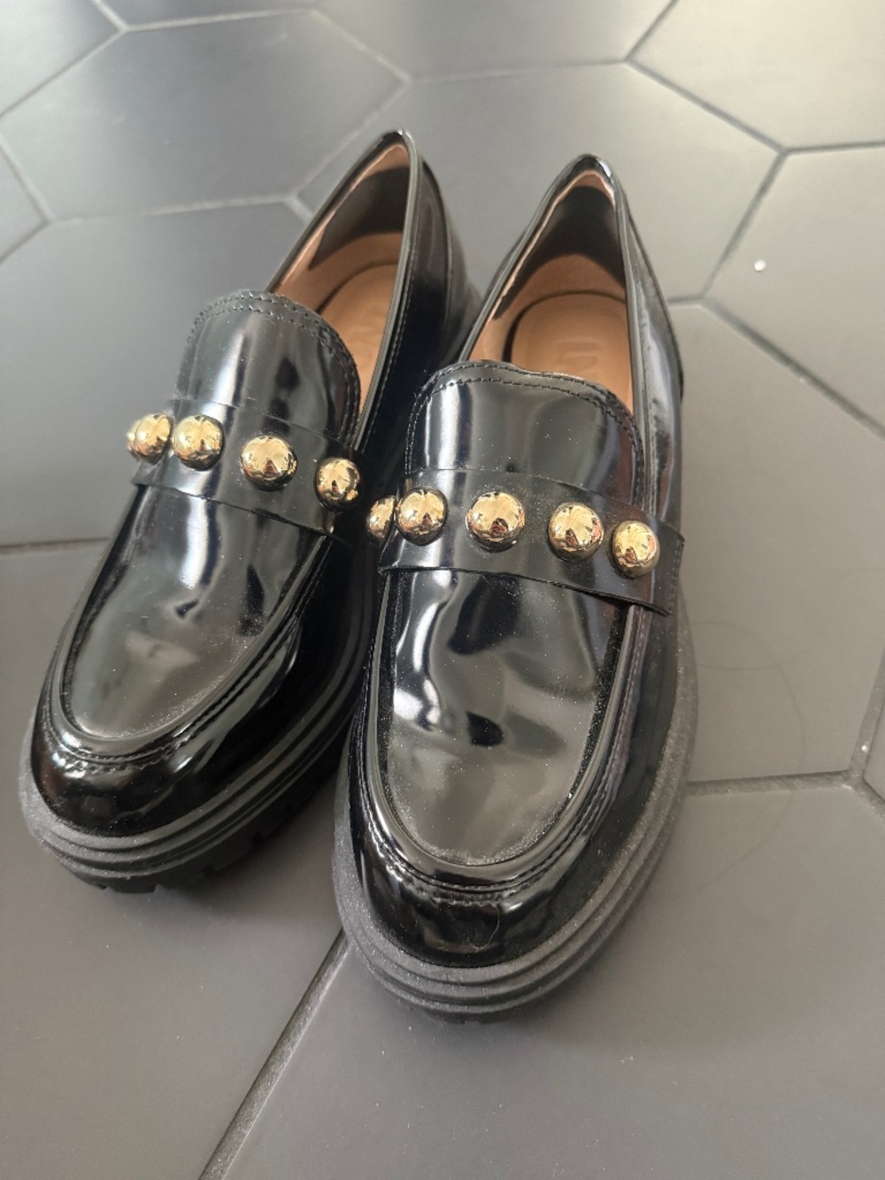 Black patent leather platform loafers